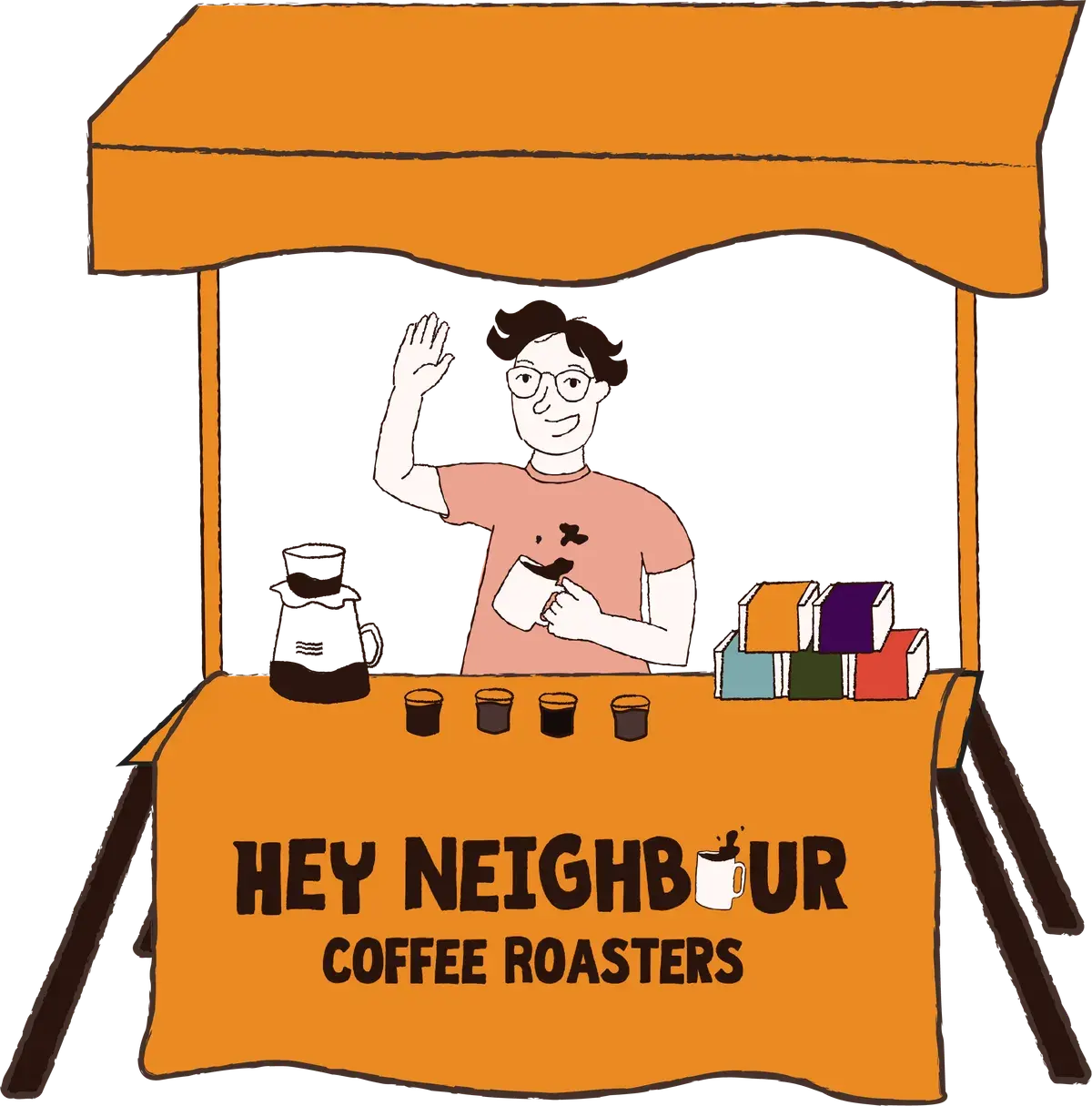 A Hey Neighbour Coffee Roasters booth: a barista waving from under an orange awning, with a pour-over, coffee samples and bags of coffee on the counter