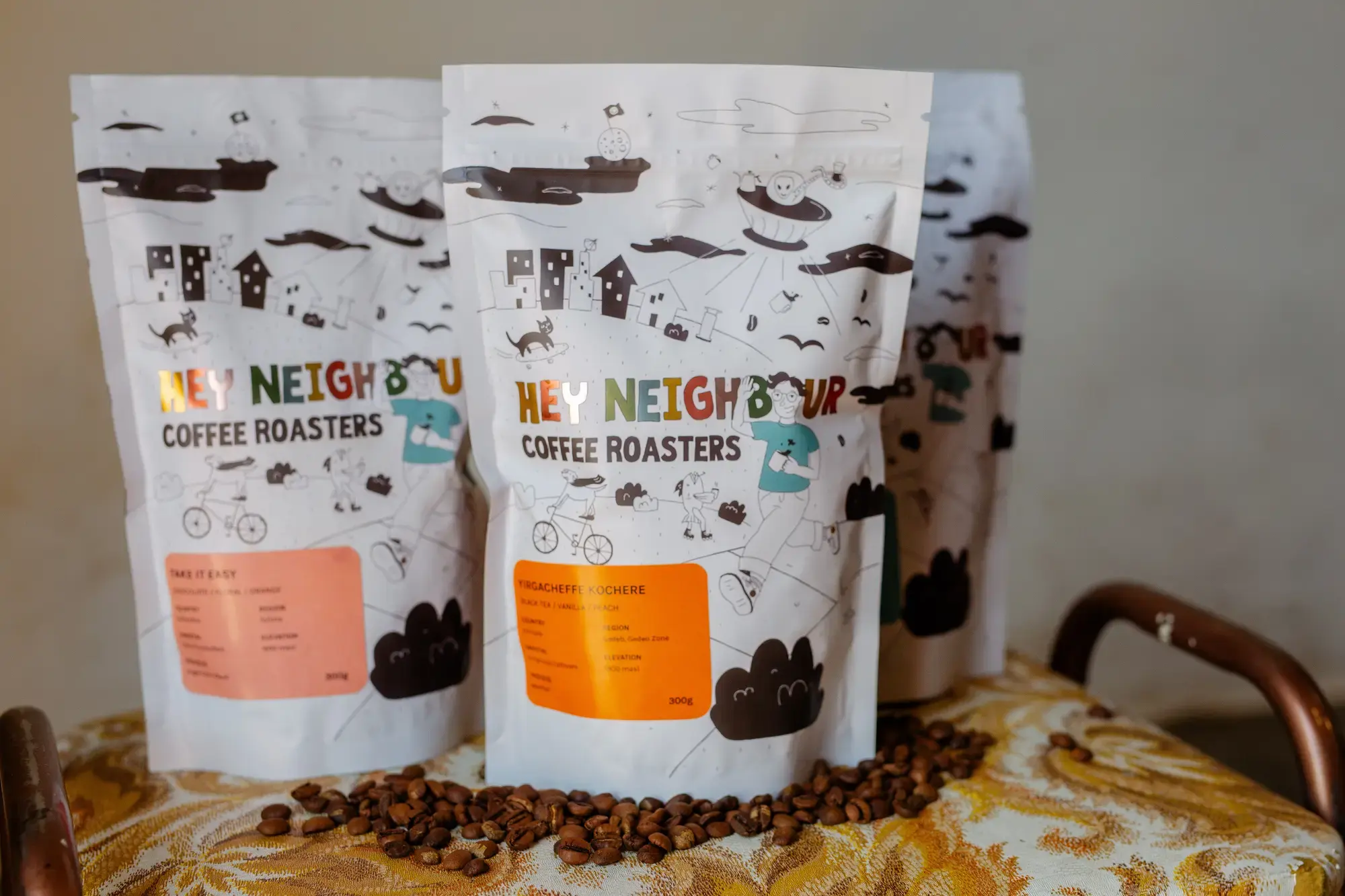 Three bags of Hey Neighbour coffee